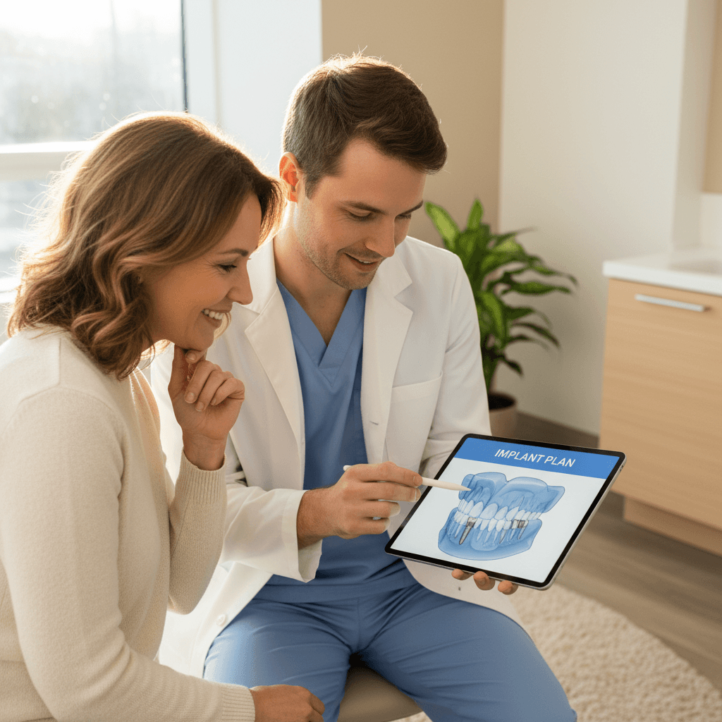 Dentist and patient reviewing a digital implant treatment plan on a tablet in a modern dental clinic